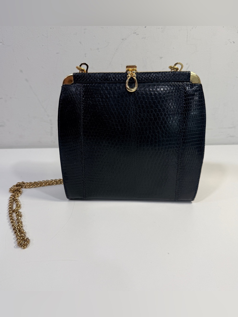50s Lizard Leather Framed Handbag Purse Black Gold Tone Hardware England Made